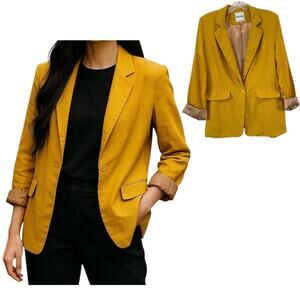 Unique21 Linen Blend One Button Casual Relaxed Boyfriend Blazer Size 8 Yellow